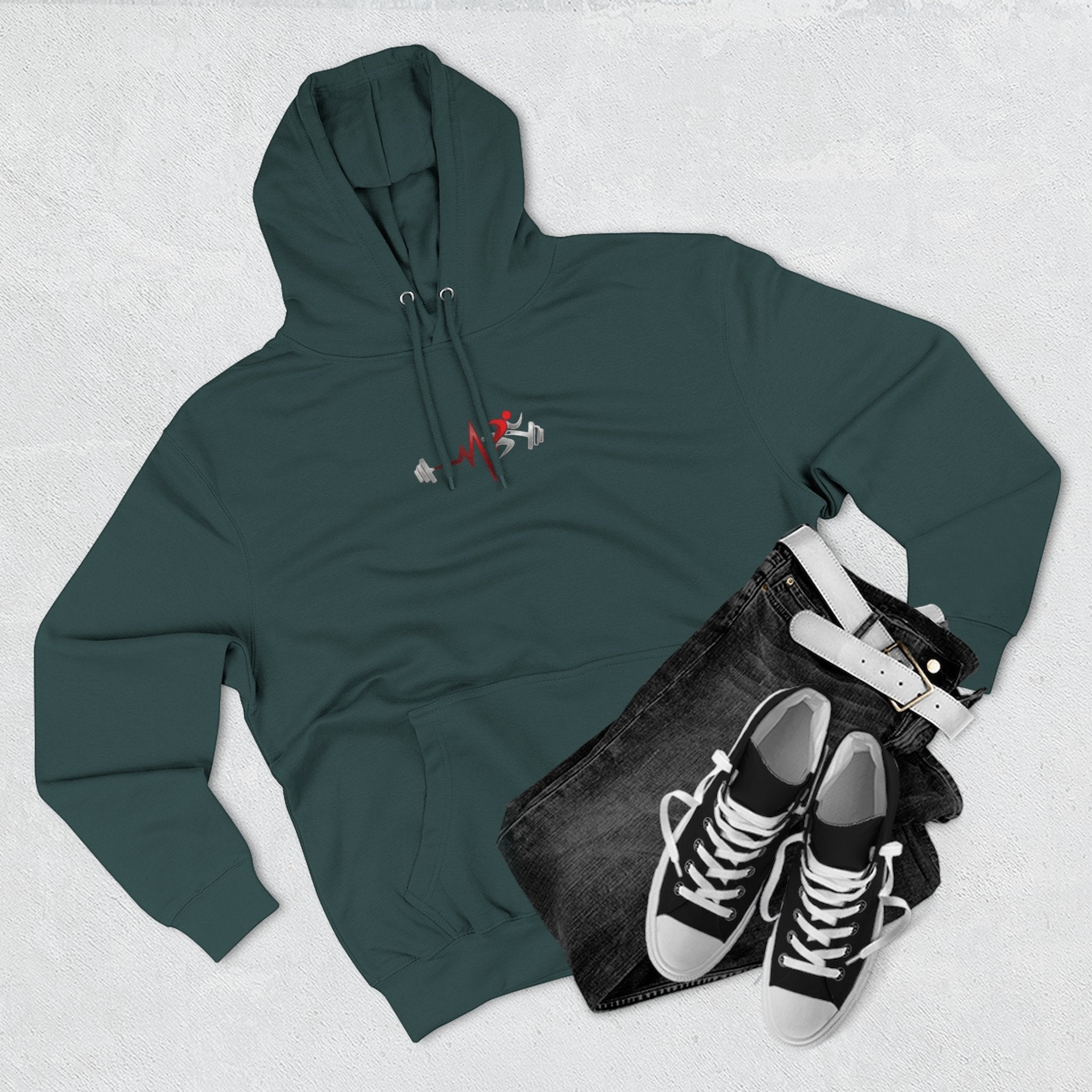 Pulse Fitne55 dark teal fleece pullover hoodie with adjustable hood, kangaroo pocket, and embroidered chest graphic.